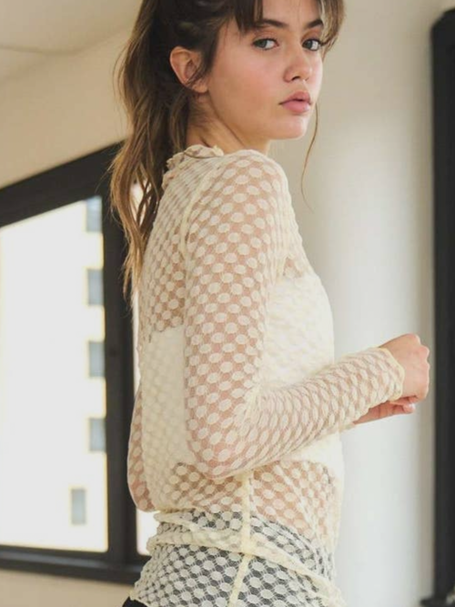 Cream Dot Lace Mesh Top