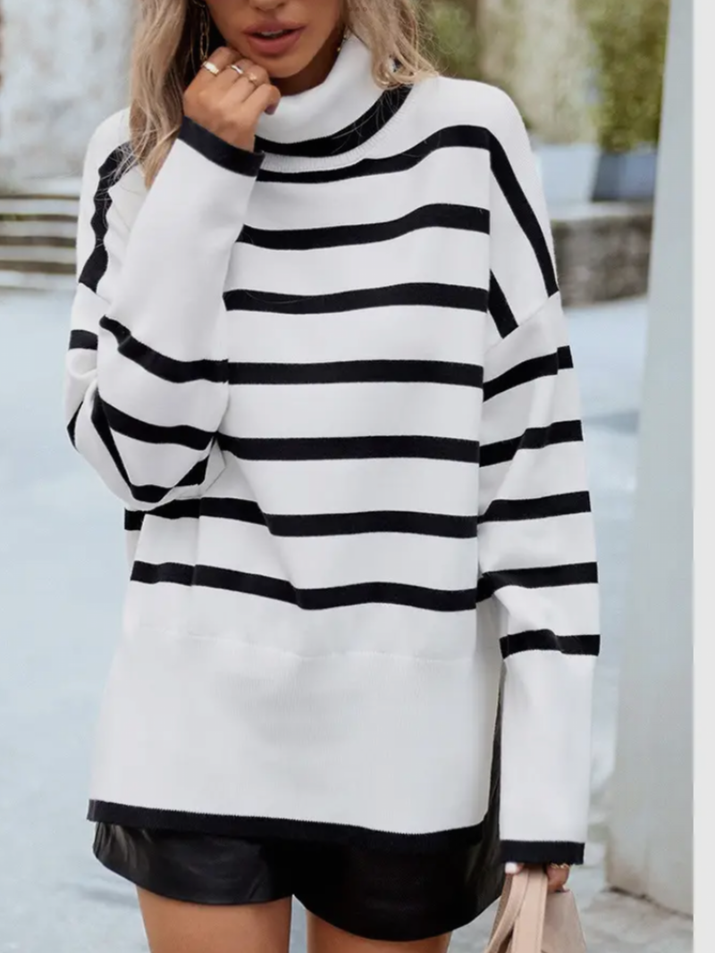 Stripped Mock Neck Sweater