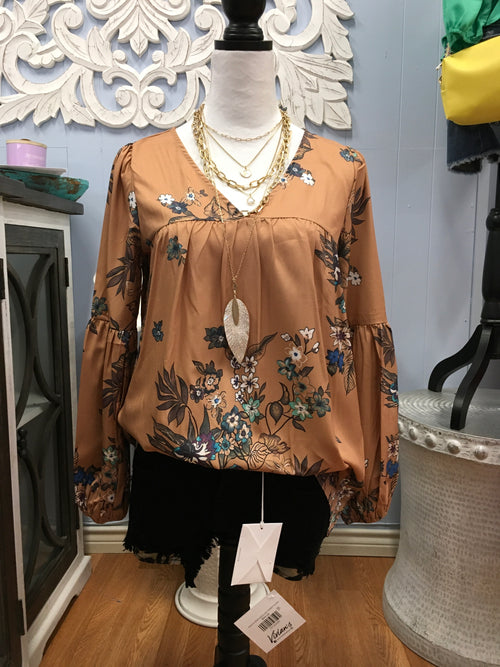Khaki Floral V-Neck Puff Sleeve Loose Fit