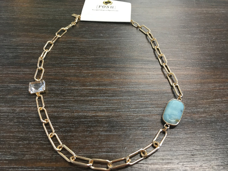 Jasper Stone w/clear Rhinestone gold chain necklace