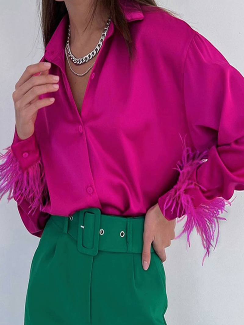 Feather Cuffs “Rose Red” Satin Blouse
