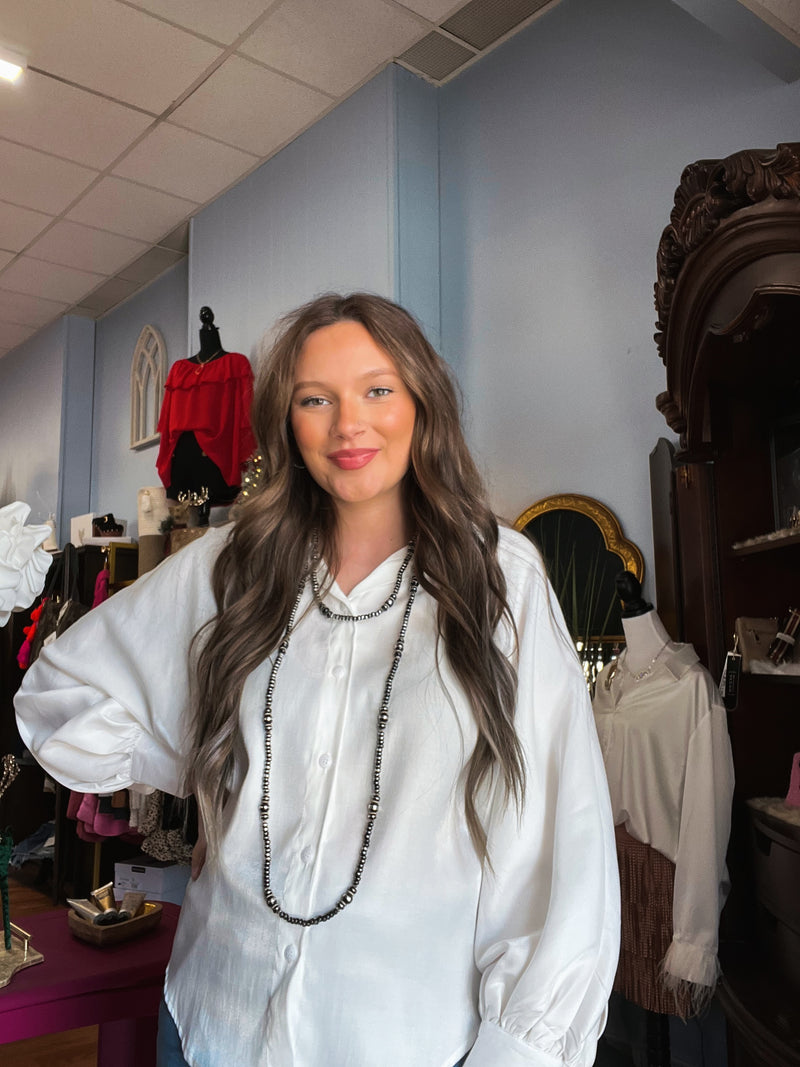 White shimmer button up w/ Dolman Sleeves