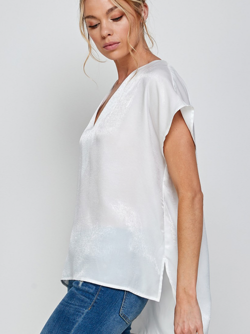 White Satin V Neck Top